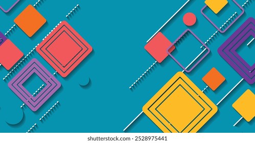Un fondo de Vector moderno con Formas geométricas coloridas, cuadrados, círculos y líneas. Ideal para diseños creativos, presentaciones y proyectos digitales.