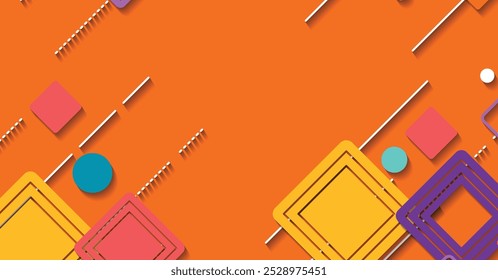 Um plano de fundo vetorial moderno com formas geométricas, quadrados, círculos e linhas coloridos. Ideal para designs criativos, apresentações e projetos digitais.