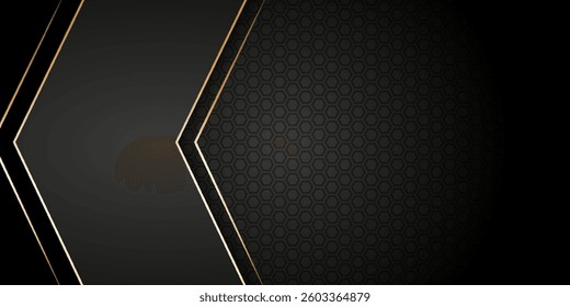 modern vector background with dark hexagonal patterns, bold geometric shapes, and elegant gold accents, creating a luxurious and futuristic design.
