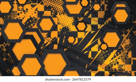 Modern vector background design with orange and black hexagon pattern in a dynamic and energetic futuristic grunge style.