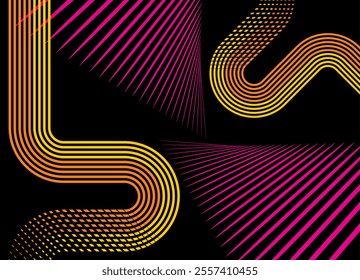 Modern vector background with retro style patterns of colored parallel lines on a black background. Striped design element.
