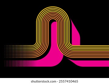 Modern vector background with retro style patterns of colored parallel lines on a black background. Striped design element. Sport pattern. Pink shadow