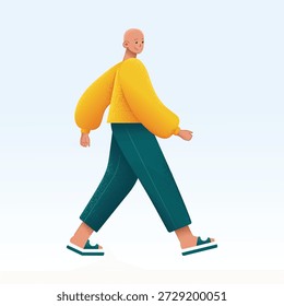 Vetor moderno de um homem careca casualmente andando em um suéter amarelo e calças de teal. Perfeito para aplicativos de estilo de vida, elementos de interface do usuário, banners promocionais, clipes de animação e visuais de hábito saudável.