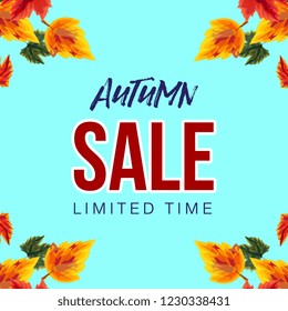 Modern vector banner with blue background and colorful leaves in design with advertisement of autumn sale
