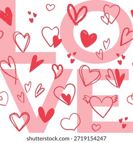 Anuncio de Vector moderno con corazones dibujados a mano juguetones y letras de amor audaz Ilustración romántica en rojo y rosa para el diseño del día de San Valentín, marketing digital, contenido de redes sociales y tarjeta de amor