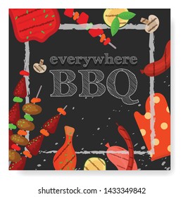 Modern vector barbecue grill party, menu, invitation design square template. Trendy BBQ cookout poster, web banner, invitation. Vector BBQ grill design concept. Summer barbecue weekend flyer