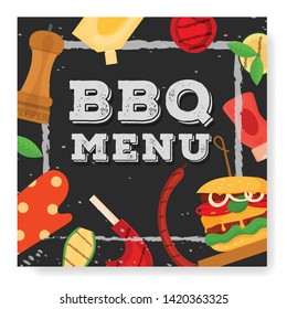 Modern vector barbecue menu, invitation design square template. Trendy BBQ cookout poster, web banner, cover design with text. Vector BBQ design concept template. Summer barbecue weekend flyer