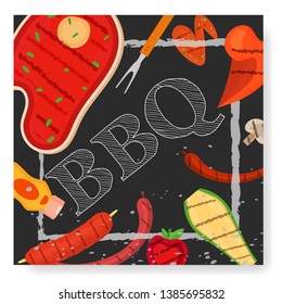 Modern vector barbecue party, menu, invitation design square template. Trendy BBQ cookout poster, web banner, cover design with text. Vector BBQ design concept template. Summer barbecue weekend flyer