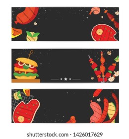 Modern vector barbecue party, menu, invitation design template set. Trendy BBQ cookout poster, web banner, cover design, sample text. Vector BBQ design concept template. Summer barbecue weekend flyer