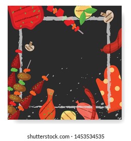 Modern vector barbecue party, menu, invitation design square template. Trendy BBQ cookout poster, web banner, cover design, place for text. Vector BBQ concept template. Summer barbecue weekend flyer