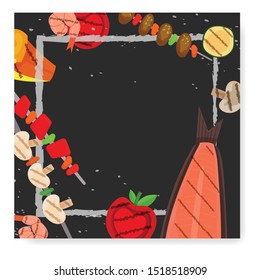 Modern vector barbecue party, menu, invitation design square template. Trendy BBQ cookout poster, web banner, cover design, place for text. Vector BBQ concept template. Summer barbecue weekend flyer