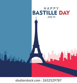 Vetor moderno do Dia da Bastilha com a silhueta da Torre Eiffel e o horizonte da cidade nas cores da bandeira francesa. Perfeito para banners, cartazes e uso de mídias sociais.