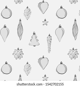 Modern vector baubles Christmas decoration pattern in grey black monochrome. Winter holidays festive repetiotion design stars, pine cones, garland elemets. 