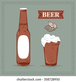 modern vector beer elements kit for bar menu: bottle, glass, hop and label