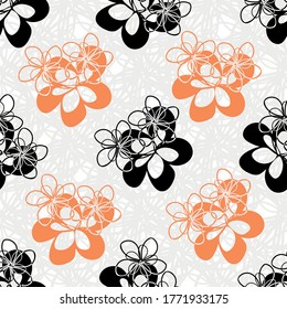 Flores negras y naranjas vectoriales modernas sin costura de fondo vectorial. Cortar siluetas florales de estilo dibujadas a mano sobre fondo de textura clara. Diseño geométrico botánico para embalajes, papelería