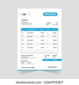 Modern Vector Blue Color Invoice Design Template