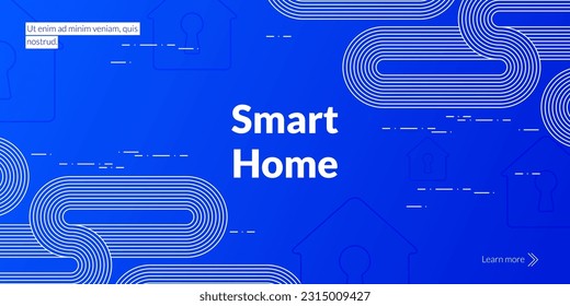 Banner futurista azul vectorial moderno con sistema de seguridad de huellas digitales, tecnología de hogar inteligente electrónica, protección de red digital. Icono de la casa. Acceso tecnológico y electrónico a una red