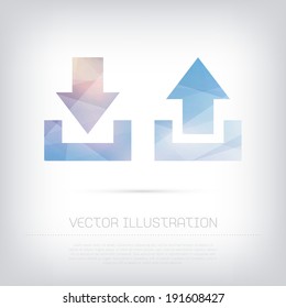 Modern vector blue upload and download icons with colorful polygonal texture