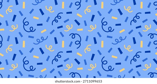 Moderno Vector azul, amarillo sin patrón. Diseño de Formas abstractas de papel de embalaje festivo con rizos, confeti