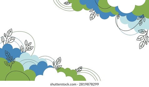 Modern vector border featuring stylized green and blue clouds with minimalist black line art leaves and curved lines on a clean white background for copy space and design.