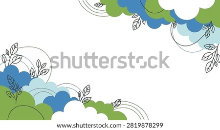 Modern vector border featuring stylized green and blue clouds with minimalist black line art leaves and curved lines on a clean white background for copy space and design.