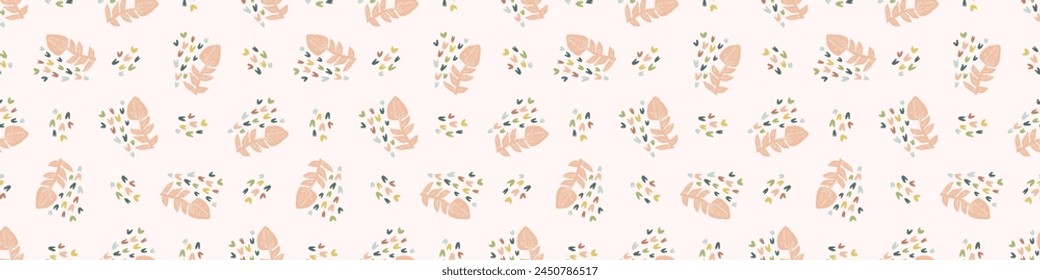 Modern vector border with pretty pressed floral drawing motifs. Decorative botanical ribbon with gender neutral flowers. Natural style for organic banner repeat nature stamp.