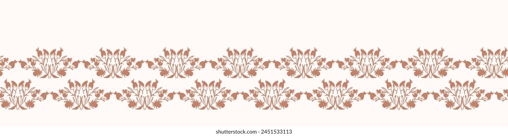 Modern vector border with pretty pressed floral drawing motifs. Decorative botanical ribbon with gender neutral flowers. Natural style for organic banner repeat nature stamp.