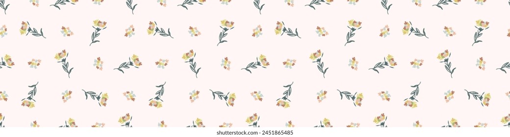 Modern vector border with pretty pressed floral drawing motifs. Decorative botanical ribbon with gender neutral flowers. Natural style for organic banner repeat nature stamp.