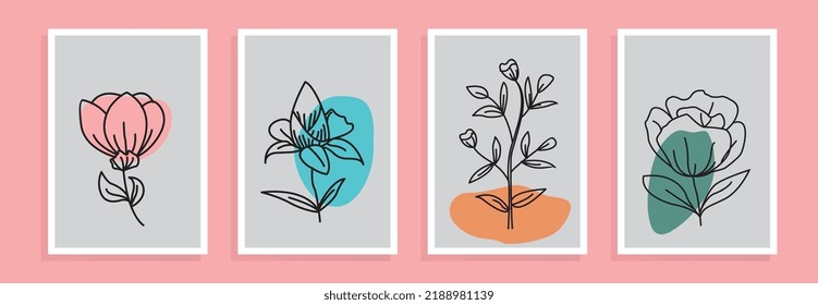 Modern vector botanical line art flowers. Abstract paper cut geometric elements and strokes, leaves and dots for print, cover, wallpaper, Minimal and natural wall art, social media, postcards, print.