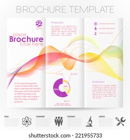 Modern Vector Brochure Design Template with Wave Pattern, Collect Icons and Graphs.