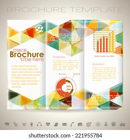 Modern Vector Brochure Design Template with Triangle Pattern, Collect Icons and Graphs.