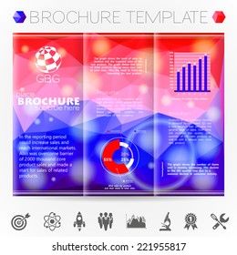 Modern Vector Brochure Design Template with Triangle Pattern and Bokeh Effect Background, Collect Icons and Graphs.