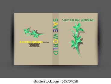 Modern Vector Brochure Flyer design Layout template. Ecology background with green leaf polygonal for magazine, cover, poster design.Paper for eyes style with message "Stop Global Warming"