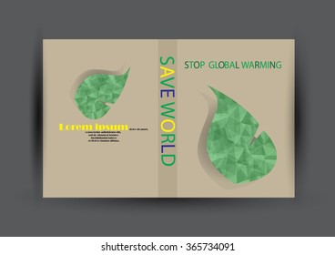 Modern Vector Brochure Flyer design Layout template. Ecology background with green leaf polygonal for magazine, cover, poster design.Paper for eyes style with message "Stop Global Warming"