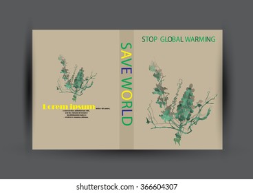 Modern Vector Brochure Flyer design Layout template. Ecology background with green leaf polygonal for magazine, cover, poster design.Paper for eyes style with message "Stop Global Warming"