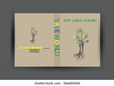 Modern Vector Brochure Flyer design Layout template. Ecology background with green leaf polygonal for magazine, cover, poster design.Paper for eyes style with message "Stop Global Warming"