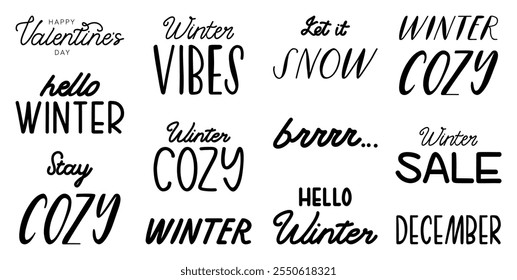 Modern vector brush hand lettering set of winter phrases hello winter, let it snow, winter cozy for Christmas, cards, banner, poster, prints, greeting card