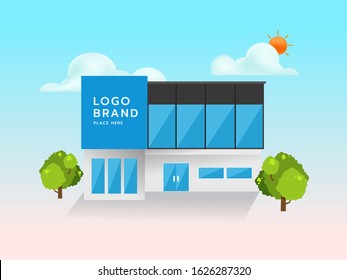 Modern vector building with sky, sun and tree in background. Vector illustration.