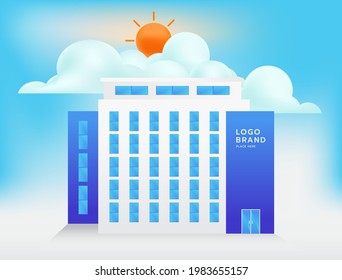 Modernes Vektorgebäude mit Himmel, Sonne und Baum im Hintergrund. Vektorgrafik.