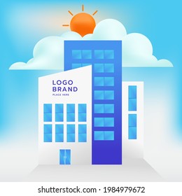 Modern vector building with sky, sun and tree in background. Vector illustration.