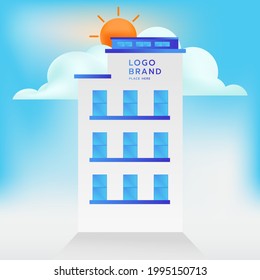 Modern vector building with sky, sun and tree in background. Vector illustration.