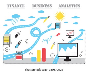 Modern vector business concept, analysts and finance. Flat line design vector illustration. Data analysis, statistics, financial research, strategy, accounting, marketing, success, achievement, plan

