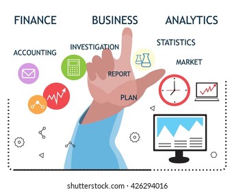 Modern vector business concept, analysts and finance. Flat line design vector illustration. Data analysis, financial research, strategy, accounting, marketing, success, achievement, business start.
