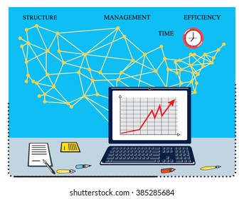 Modern vector business concept, finance. Flat line design vector illustration. Data analysis, statistics, financial research, the global economy, strategy, accounting, marketing, success, achievement
