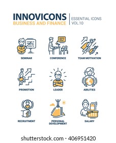 Modern vector business and finance icons collection.  Seminar, conference, team motivation promotion, leader, abilities, recruitment, personal development, salary