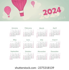 Modern vector Calendar 2024 year with balloon, sky, cloud, aerostat. Color vector template. Week starts on Sunday. Basic grid. Ready design