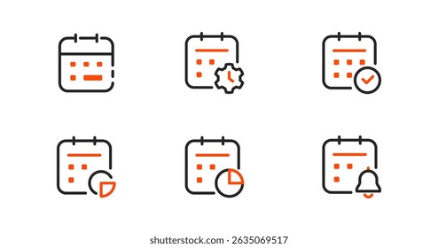 Modern vector calendar icon set featuring essential symbols for event scheduling, time management, appointments, and task reminders. Ideal for business apps, web interfaces, and digital planners.