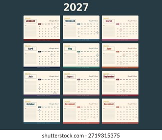 Calendario de Vector moderno Plantilla 2027: Planificador anual con diseños mensuales coloridos.