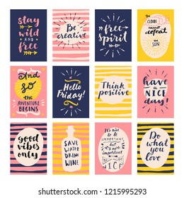 Modern vector calligraphic quote posters. Inspirational quotes, good wishes. Free spirit, hello friday, good vibes only, and so the adventure begins, think positive, stay wild and free. Hand lettering