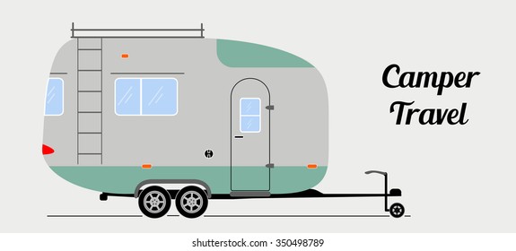 Modern vector camper trailer in flat style. Van illustration for travel leisure and adventure.